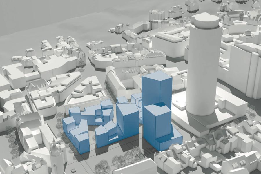 Ein Platz mit blau gekennzeichneten Gebäuden in der Mitte