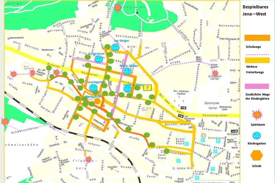 Karte Jena-West mit Markierungen zur Bespielbaren Stadt
