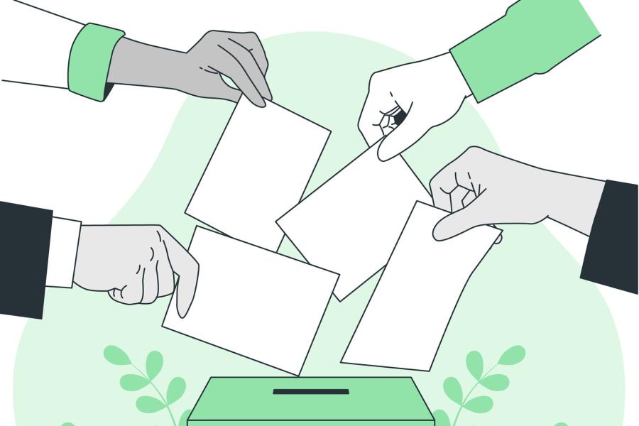 Hände stecken Wahlzettel in Wahlurne
