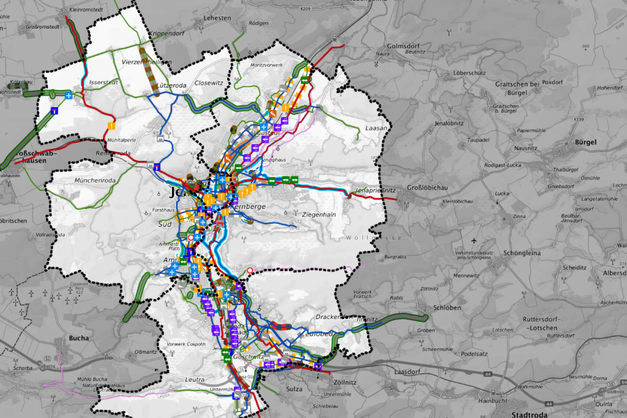 Kartenansicht von Jena mit farbigen Markierungen zu Radverkehrsmaßnahmen