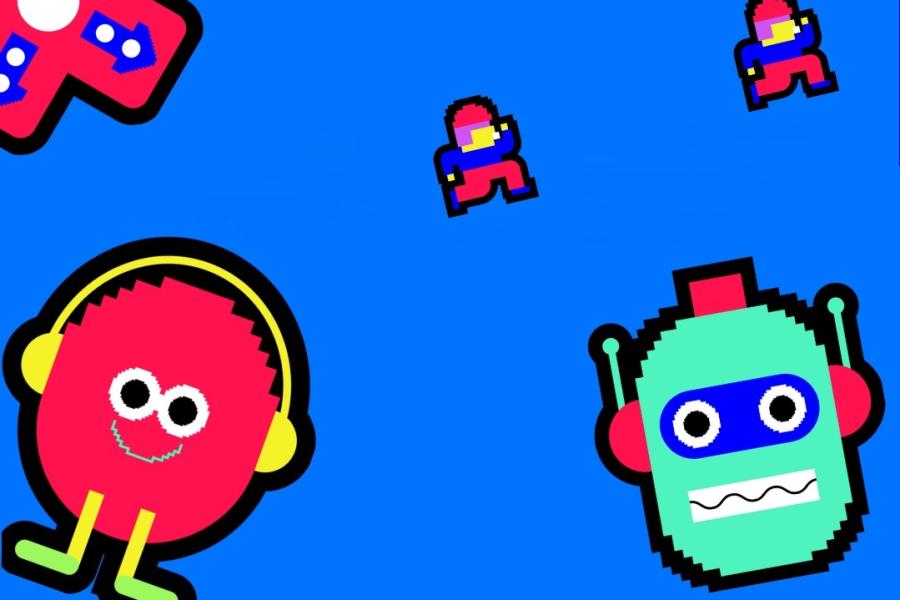 Digitale Figuren auf blauem Hintergrund