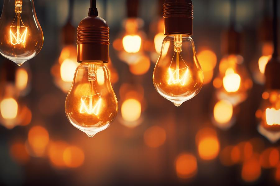 Viele warme Glühlampen, die von der Decke hängen, werfen in einem schwach beleuchteten Raum ein gemütliches bernsteinfarbenes Leuchten aus