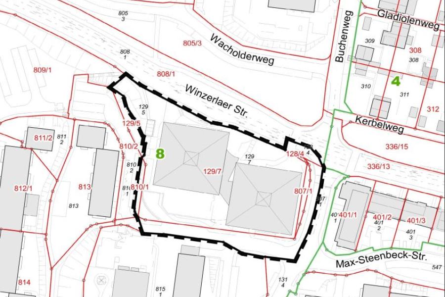 Ausschnitt einer Karte die die Fläche des vorgesehenen Geltungsbereichs des Bebauungsplans zeigt