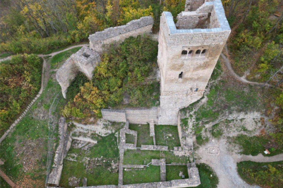 Blick von oben auf die Ruine der Lobdeburg. Neben den Mauern einen Turms sind noch Mauern des Burggrundrisses zu sehen.