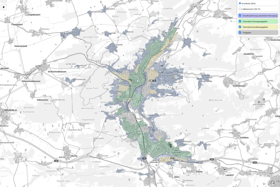 Eine Stadtkarte von Jena zeigt die verschiedenen Formen der Wärmeversorgung für verschiedene Stadtteile