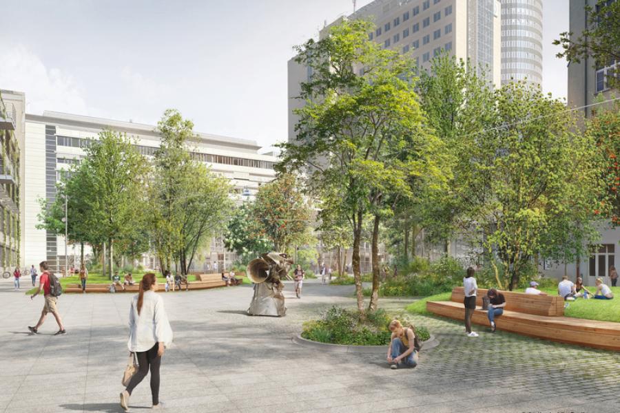 Entwurf: So könnte der Ernst-Abbe-Platz aussehen: Neben Bäumen gibt es auc begrünte Sitzflächen.