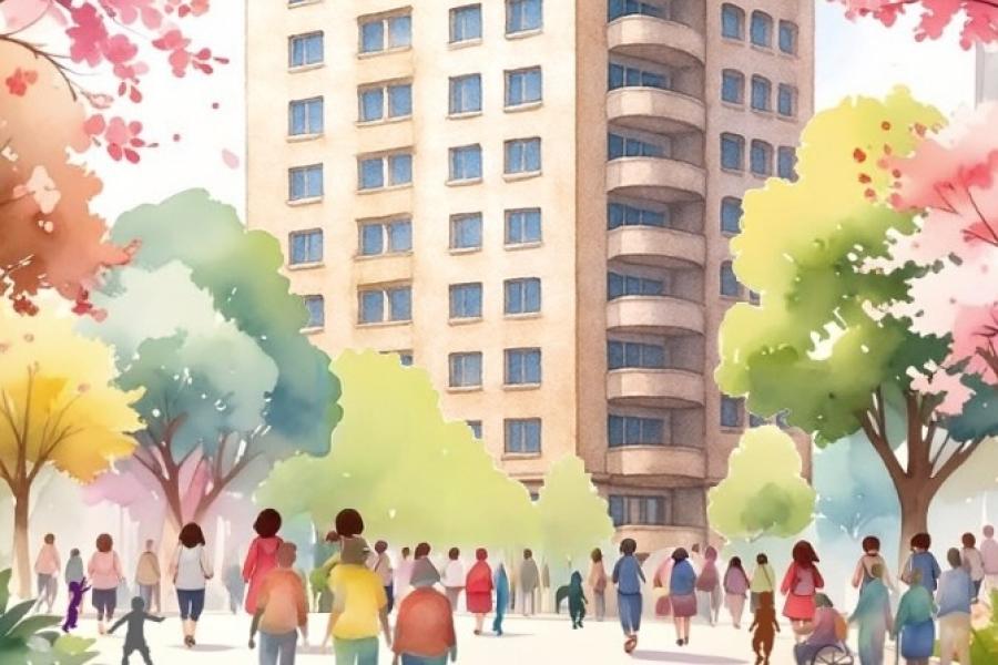 Ein fiktives Hochhaus bei sonnigem Wetter mit blühenden Bäumen, verschiedenen Menschen aller Altersgruppen strömen auf das Haus zu.