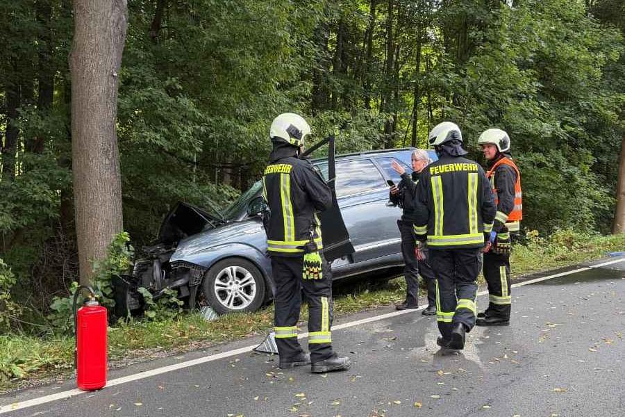 Polizei und Feuerwehr steht um einen Unfallwagen herum.