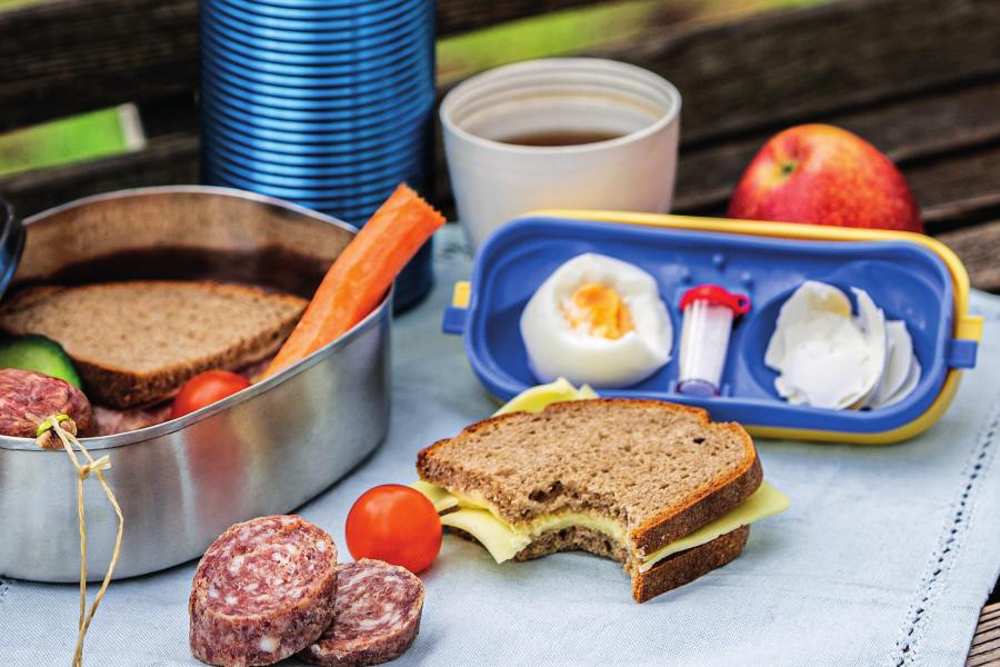 Picknick: Auf einer Bank liegen auf einem Tuch verschiedene Lebensmittel u.a. in Mehrwegdosen.