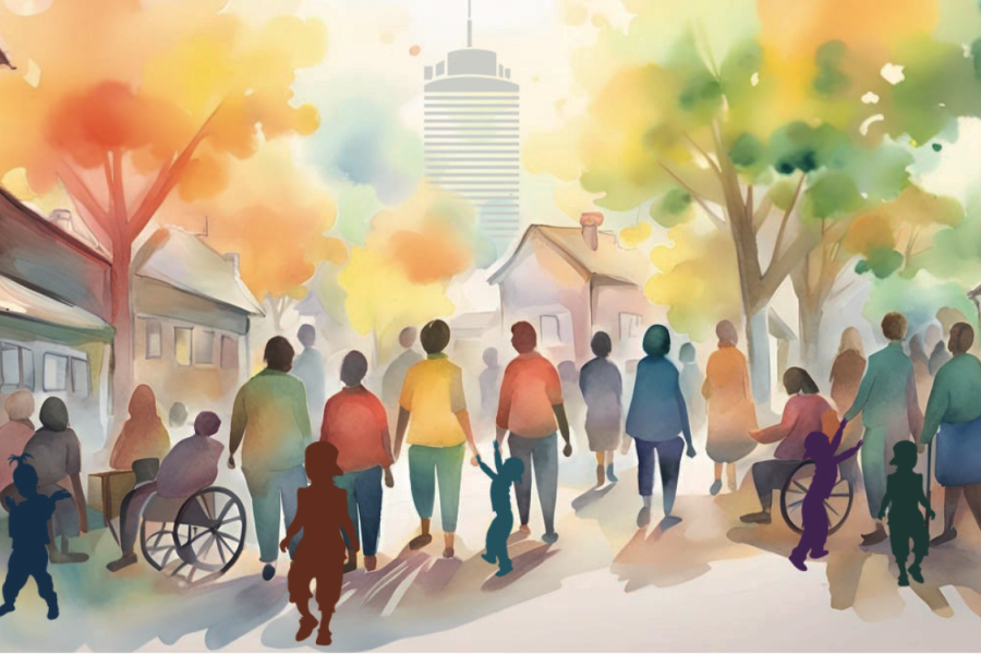 Illustration einer vielfältigen Menschengruppe auf einer von Bäumen gesäumten Straße in einer Stadt. Zu sehen sind Erwachsene, Kinder und Personen im Rollstuhl, die gemeinsam in Richtung des Jenatowers gehen. Die Szene ist in warmen, freundlichen Farben gemalt und vermittelt Gemeinschaft, Inklusion und Zusammenhalt.