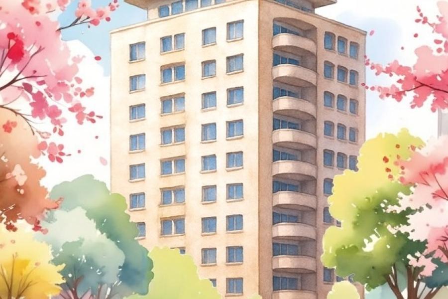 Eine Illustration zeigt ein mehrstöckiges Wohnhochhaus mit hellen Fassaden und runden Balkonen. Das Gebäude steht inmitten blühender Bäume in Rosa, Gelb und Grün. Viele Menschen spazieren und bewegen sich auf einem Platz vor dem Haus, wodurch eine lebendige, freundliche Atmosphäre entsteht.