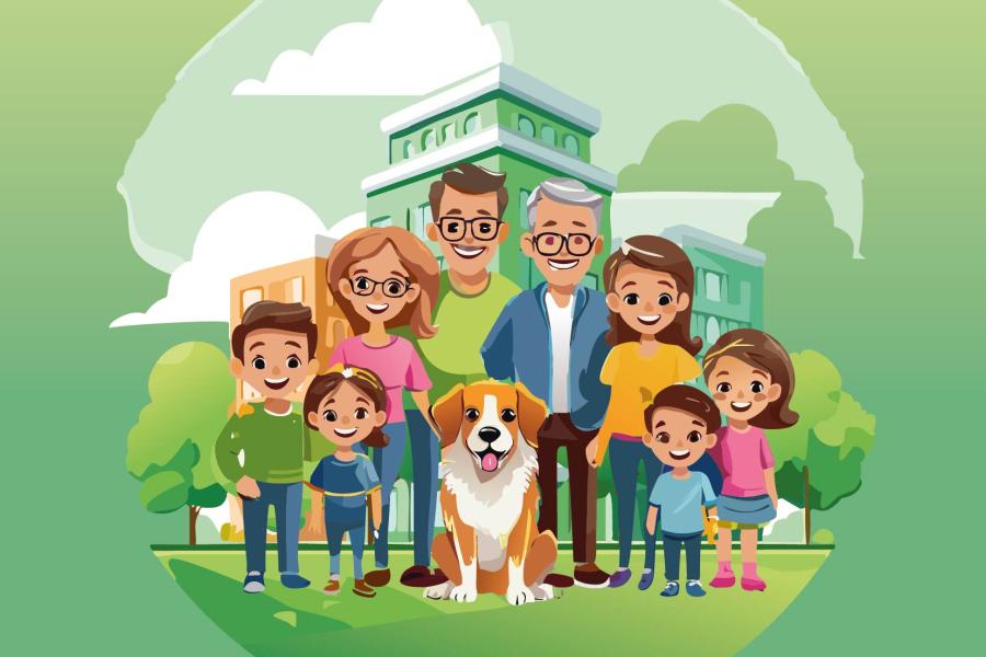 Digitale Skizze einer Familie mit Hund